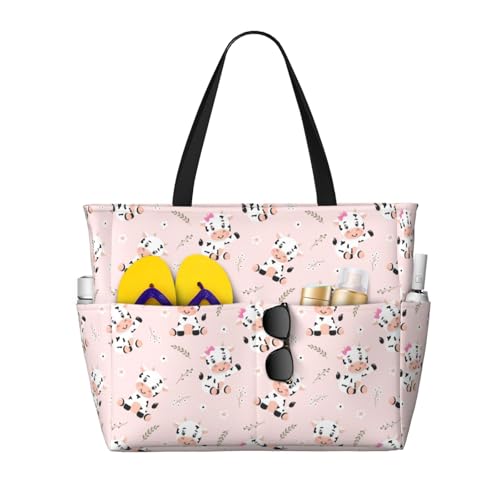 Large Beach Bags Water-resistant Sandproof - Casual Cute Cow Flower Leaves Cute Beach Tote Bags for Women with Zipper