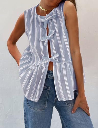Mywinway Striped Linen Vest Women Spring Summer Sleeveless Crewneck Casual Lightweight Bow Tie Shirt Blouses Tank Tops3