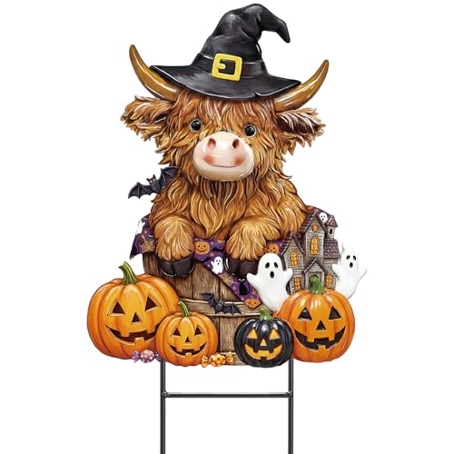 Amyhill Halloween Highland Cow Outdoor Decor Metal Garden Stakes with Pumpkins Bats Yard Signs for Halloween Outdoor Lawn Porch Backyard Holiday Lawn Decorations