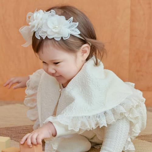 Baby Girl Headband Floral White Lace Baptism Christening Hairband Elastics Soft Head Wrap for Toddlers Hair Accessories for Infants Kids Shower Birthday Wedding Party (Style 12)2