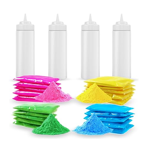 Color Blaze Color Powder Fun Pack - 20 Bags Total (5 Each of Pink, Yellow, Green & Blue) + 4 Squeeze Bottles - Perfect for Snowman Decorating, Color Fight, Photoshoots, Color War, Holi Festival!