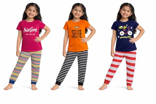 Image of NammaBaby Girl Cotton Night Suit Tshirt Shorts Capri Pyjama Set - Multipacks