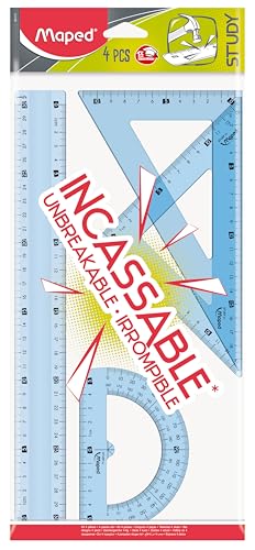 Maped - Reglas Escolares - Study Unbreakable - Maxi Kit de 4 Piezas - 1 Regla de 30 cm, 1 Cartabón de 21 cm, 1 Escuadra de 21 cm y 1 Transportador de 180° - Diseño Transparente