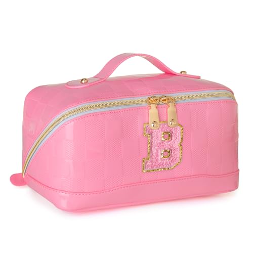 Initial Makeup Bag Large Capacity Travel Cosmetic Bag for Women PU Leather Open Flat Toiletry Bag with Handle and Divider Personalized Gifts for Women (Pink B)