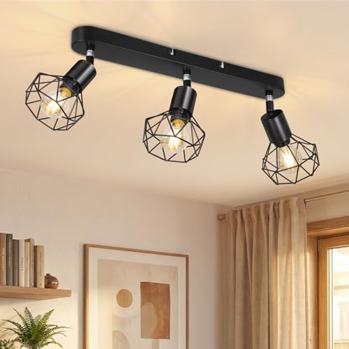 Kimjo Luminaire Plafonnier LED 3 Spots Orientables, Moderne Rampe Spots de plafond Noir, E14 Plafonnier/Applique Murale Intérieure pour Salon Chambre Cuisine...
