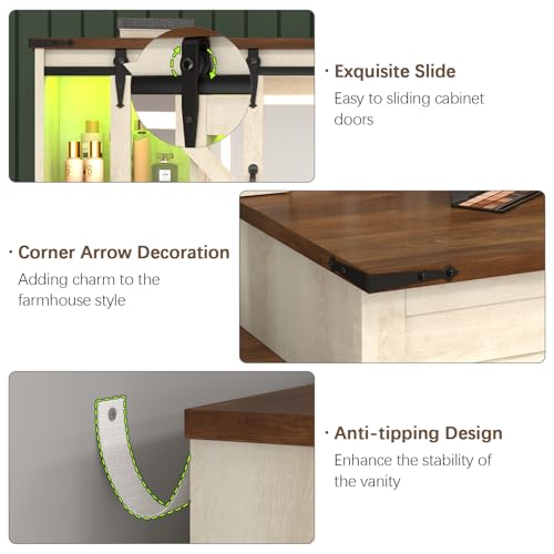 Farmhouse Vanity Desk with LED Lighted Mirror & Charging Station, 45.9" Large Makeup Vanity with Storage Drawers & Sliding RGB Cabinets, Makeup Vanity Table for Girls Bedroom, Antique White