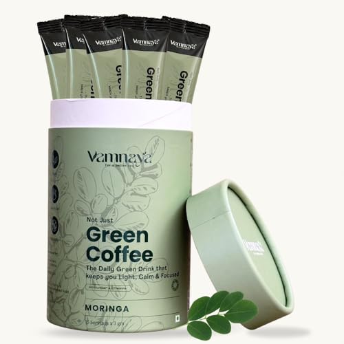 Image of Vamnaya Green Coffee | 4-in-1 Metabolism & Gut Support Drink Sachet with Sunfiber Prebiotic, L-Theanine & Apple Cider Vinegar | Green Coffee Extract (50% Chlorogenic Acid) + Lemon & Monk Fruit | Daily Weight Management Ritual | 1 Box each - Tulsi,Lemon & Moringa
