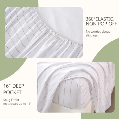 Image of MCO Green Striped Sheets Set Twin 3Pcs, Breathable Washed-Look Microfiber