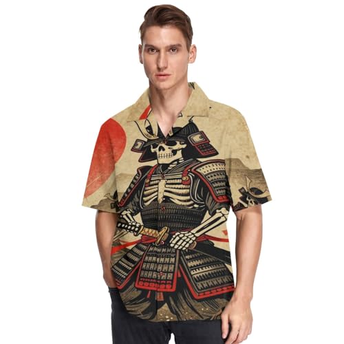 voucong Chemise à manches courtes boutonnée japonaise Samurai Guerrier Squelette Hawaï pour homme Mode urbaine, multicolore, XL