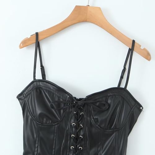 LKOUS Sexy Club Mini Dress for Women's, Spaghetti Strap Bandage Leather Swing Short Dresses4