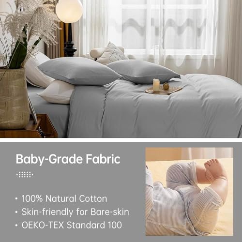 Image of JELLYMONI Cotton Duvet Cover Twin Size - 100% Washed Cotton Linen Like Textured Comforter Cover, 2 Pieces Breathable Soft Bedding Set with Zipper Closure (Light Gray, Twin 68 inchx90 inch)