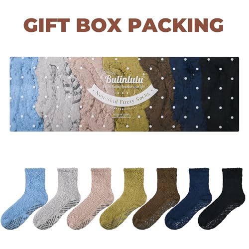 Image of Bulinlulu Fuzzy Socks with Grips Plush Sleep Cozy Winter Soft Hospital Fluffy Socks for Womens Mens Gifts