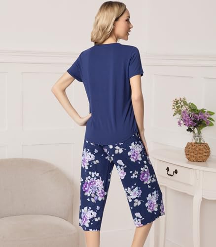 Image of NACHILA Bamboo Viscose Pajamas for Women Lace V Neck Capri Pants Pjs Set
