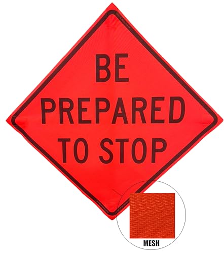 Image of OrangeGear 36 inchx36 inch Be Prepared to Stop Mesh Sign & Steel Spring Stand | MUTCD TTC compliant orange mesh roll-up sign kit with fiberglass cross ribs and single-spring steel stand.
