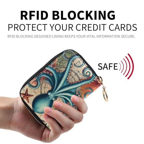 GAIGEO Credit Card Holder RFID Blocking Wallets for Women Small Zip Around Zipper Coin Purse with Key Ring Blue Octopus Sea Art2