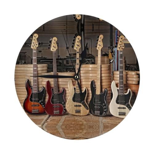 MQRCGYKF Silent Round Wall Guitar Bass Music Musical Instruments Clock, Fashion Simple Round Decorative Wall Clock, Battery Clock.
