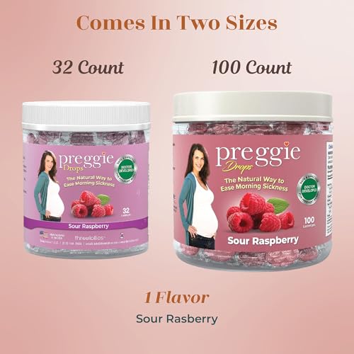 Image of Three Lollies Preggie Drops Plus Pregnancy Nausea Relief Drops with Vitamin B6 and Essential Oils, Morning Sickness and Queasy Stomach Support for Pregnant Women, Sour Raspberry, 100 Count