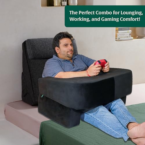 Image of The White Willow Wedge Pillow & Lapdesk Combo for Laptops, Study, Reading & Gaming - Adjustable Wedge with Headrest for Back Support, Arm Rest & Lap Desk Pillow - Black
