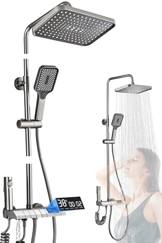 Colonne de Douche LED Acier Inox + ABS (Gris), Système Douche avec Écran Température & Heure, 4 Modes, Hauteur Réglable, Haute Pression & Économie d’Eau, Design Moderne