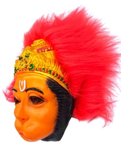 Image of BookMyCostume Hanuman Ji Face Mask with Crown Design & Red Faux Hair - Rubber Devotional Mask for Ramayana Plays, Festivals & Fancy Dress | Fancy Dress Accessory For Role Plays | Adult