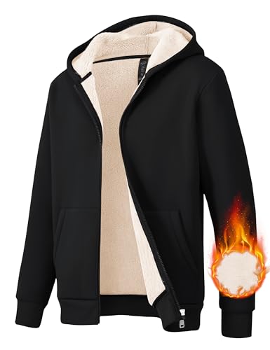 MoFiz Boys Kids Full Zip Sherpa Lined Jacket Coat with Pocket Warm Outdoor School Hooded Sweatshirt Black,L