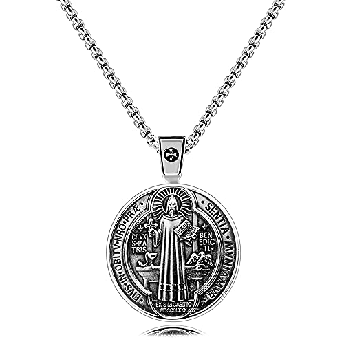 VENICEBEE® Best Saint Benedict Medal Protection Cross Sacramental Christian Amulet Exorcism Solid 925 Sterling Silver Pendant Necklace + Velvet Pouch, Polishing Cloth, Fine Gift Box3