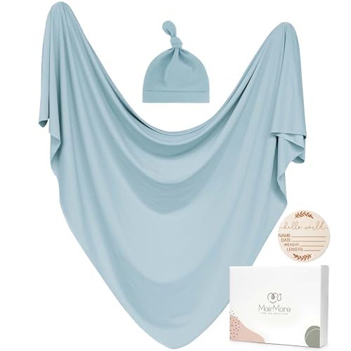 Image of MairMore Baby Swaddle Receiving Blankets with Matching Beanie Set Newborn Nursery Swaddle Wrap for Baby Girls and Boys (Blue)