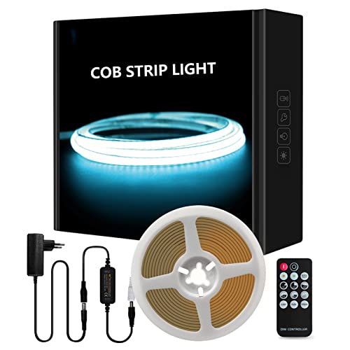 Tayire COB LED Streifen Eisblau Set, DC12V Schneidbar LED Strip 5m 480LEDs/M,CRI90+ 4mm Biegbar LED Band Hohe Helligkeit LED Lichtband für Schrank Schlafzimmer Küche TV Spiegel DIY Beleuchtung Cover