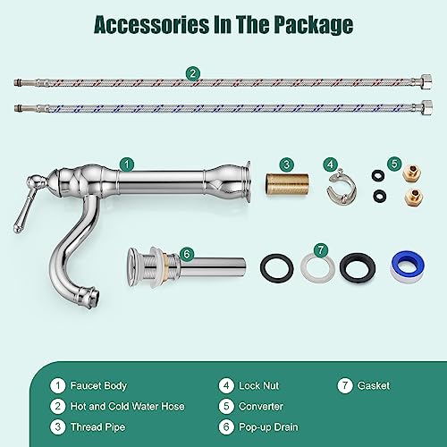 Heyalan Bathroom Vessel Sink Faucet Polish Chrome Body Adjustable Swivel Spout Tall Body Single Handle Lever Vanity Mixer Bar Tap With Pop Up Drain Tall Spout One Hole Deck Mounted #TOP1