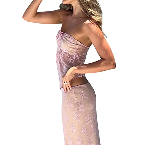 Gupgi 2 Piece Lace Long Skirt Outfits for Women Lace Mesh Long Sleeve Off Shoulder Crop Tops Sheer Lace Floral Skirt Set4