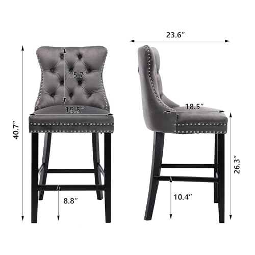 Butacos de altura para barra tapizados en terciopelo Aoowow, set de 2 unidades, asiento de 26.3 pulgadas, sillas sin reposabrazos con respaldo alado y acolchado con botones, patas de madera maciza para isla de cocina o área de bar (Gris) miniatura 3
