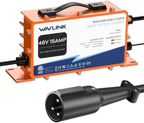 WAVLINK 48V 18 AMP Golf Cart Battery Charger, IP67 Waterproof, LiFePO4/NMC/Lead-Acid Compatible (3 Pin Round Plug for Club Car)