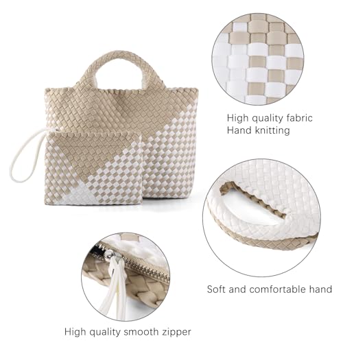 Image of Woven Bag for Women, Neoprene Tote Bag Summer Beach Handbag Purse Retro Handmade Travel Shoulder Bag Set