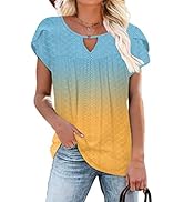 Women's Casual Dressy Short Petal Sleeve Shirts Pleated Fashion Front Key Hole Scoop Neck Floral ...