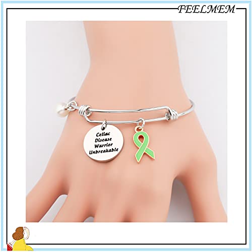 FEELMEM Celiac Disease Awareness Jewelry Celiac Disease Warrior Unbreakable Bracelet with Green Awareness Ribbon Charm Inspirational Cancer Survivor Gift3