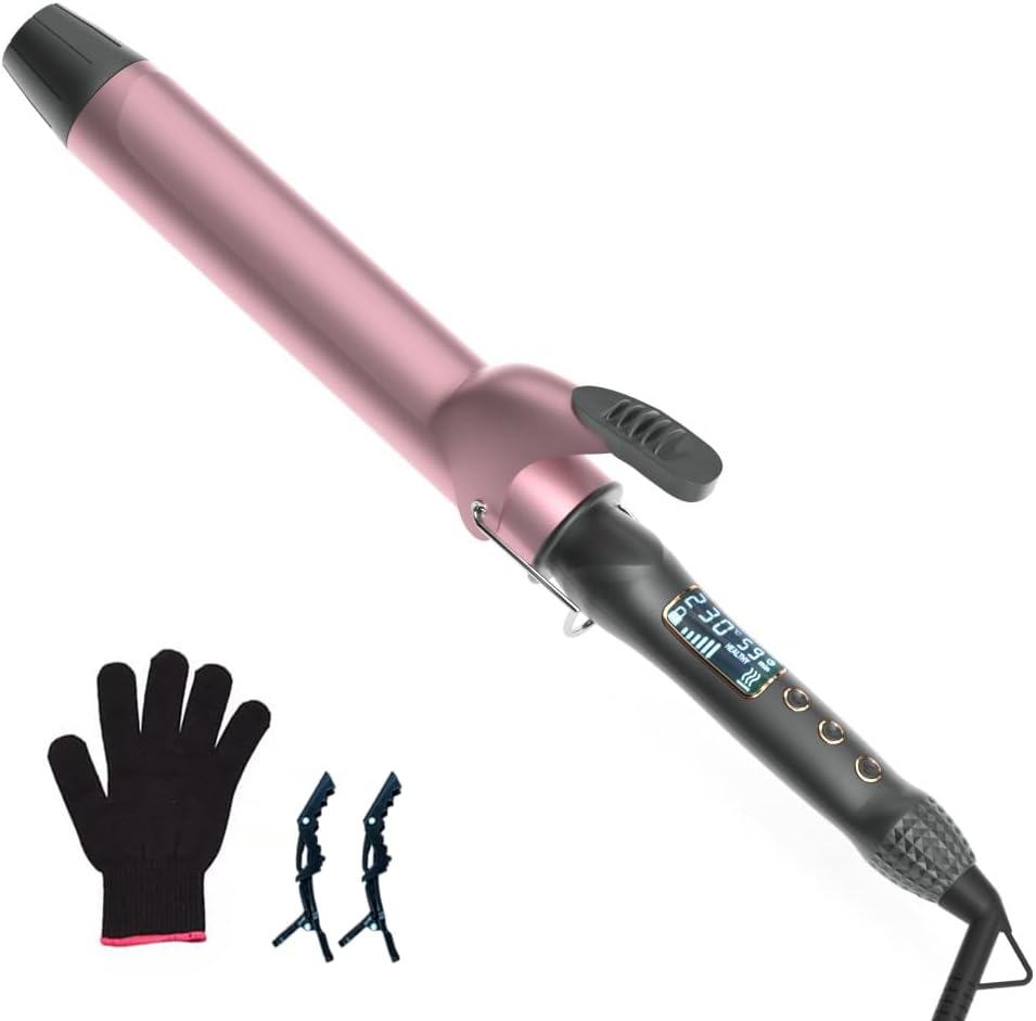 Rizador de 1 12 pulgadas con revestimiento de cerámica, rizador de pelo con barriles largos, rizador de varita con guante protector y 2 clips