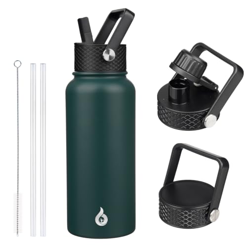 Image of BJPKPK Insulated Water Bottles with Straw Lid, 32oz Metal Large Water Bottle with 3 Lids, Reusable Leak Proof BPA Free Thermo, Stainless Steel Tumblers for Sports, Gym, Travel-Army Green