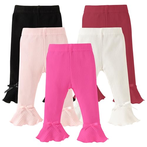 Image of DREAM BUS 5 Pack Baby Pants Toddler Girl Ribbed Ruffle Bell Bottoms Toddler Leggings Baby Boy Pants Newborn Girl Flare Pants