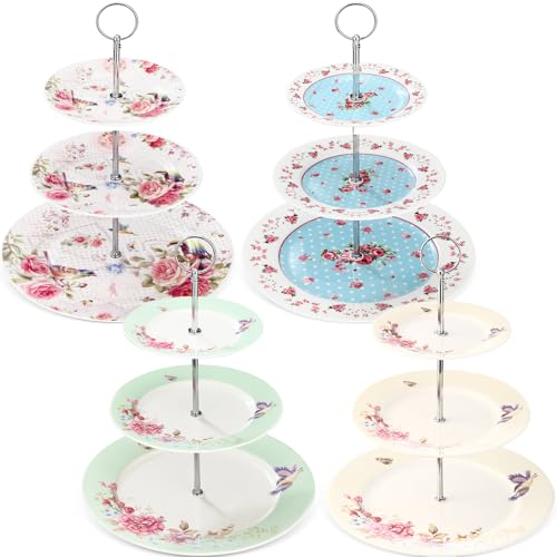 Dandat 4 Pcs 3 Tier Cake Stand Floral Ceramic Afternoon Serving Tray Porcelain Dessert Stand 6
