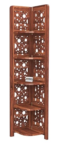 Image of Sheesham Wood Cricle Corner Shelf for Living Room Bedroom Home | CNC 5 Tier Corner Bookshelf | Wooden Ladder Bookcase Display Unit (Honey Finish)
