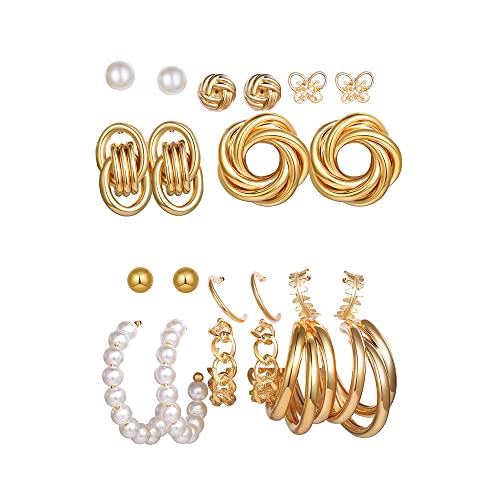 Pendientes Aros Dorados Mujer Pendientes Acero Inoxidable de Aro de Oro Pircing para Oreja Cartílago Pendientes Circonita Colgantes de Perlas de Cristal Regalo para Mujeres Niñas (Gran circulo) Cover