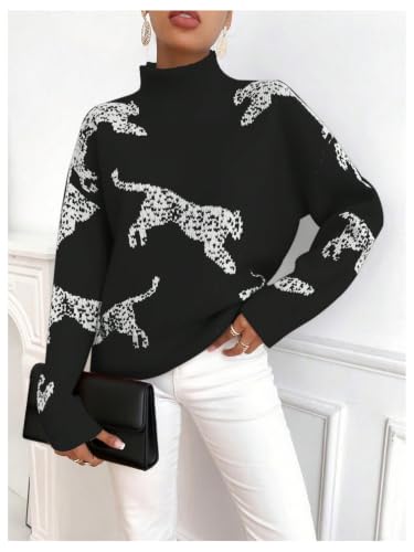 Image of WDIRARA Women's Leopard Tiger Print Sweater High Neck Long Sleeve Fuzzy Knitted Pullover Top