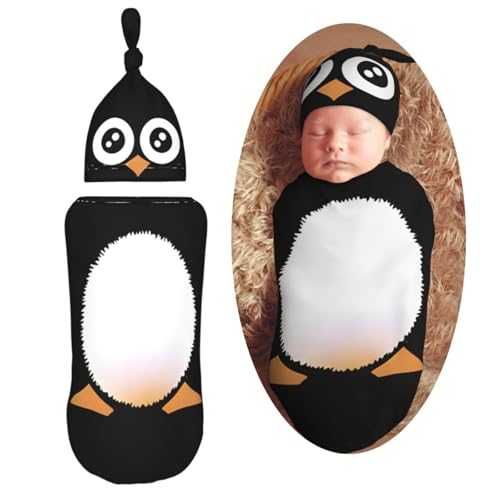 Image of Muishi Cute Penguin Newborn Swaddle Blankets Hat Sets Soft Baby Receiving Blanket Swaddle Sack for Baby Shower Infant Boy Girl Gift