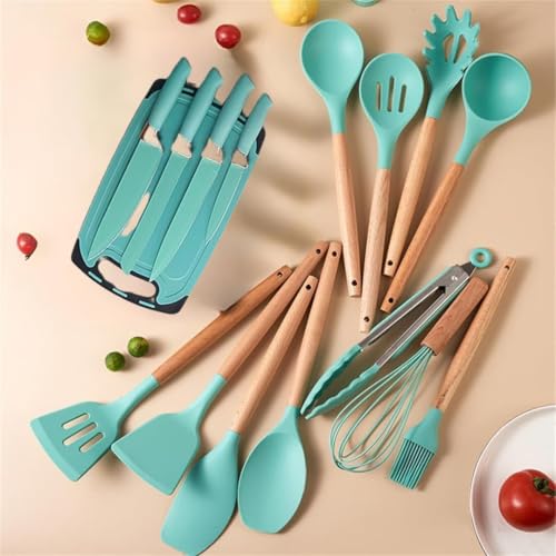 Image of Barebeauty 19 Piece Utensil Set | Spatulas with Knife and Board | 19 Piece Kitchen Kit | Silicone Instrument Set | Sturdy Wooden Handle | Multifunctional Kitchen Tools (Green)