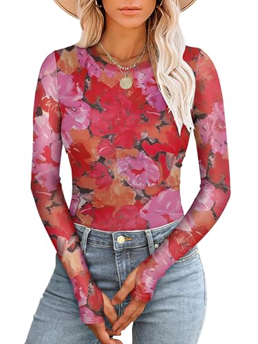 Prinbara Womens Mesh Long Sleeve Going Out Tops with Thumb Holes 2025 Fall Fashion Double Lined Fitted Cute Shirts Outfits Floral Red Medium
