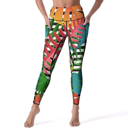 Legging femmes feuilles tropicales taille haute pour yoga et fitness gym taille S
