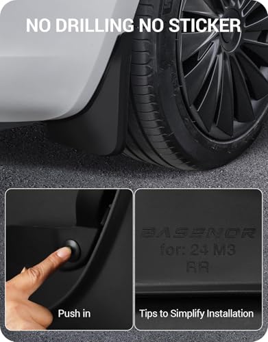 Image of BASENOR 2024 2025 2026 Tesla Model 3 Highland Mud Flaps Splash Guards Fenders (Set of 4), No Drilling No Tape Mudflaps (Proprietary Design) All Weather Protector Mudguards for Model 3