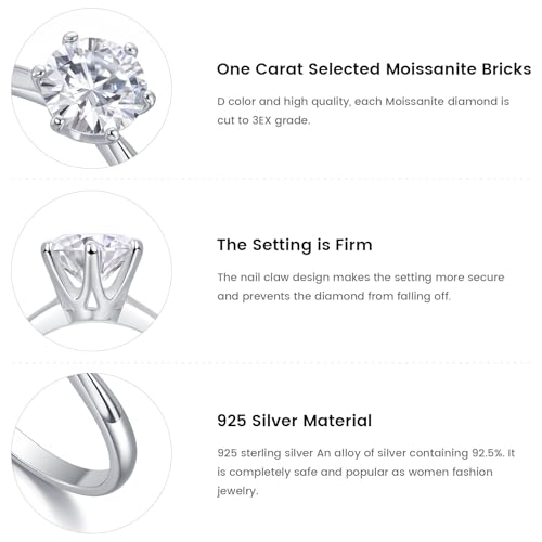1CT Solitaire Moissanite Diamond Engagement Rings for Women, D Color VVS1 Clarity, 6 Claw Knife Edge 925 Sterling Silver with 18K White Gold Plated4