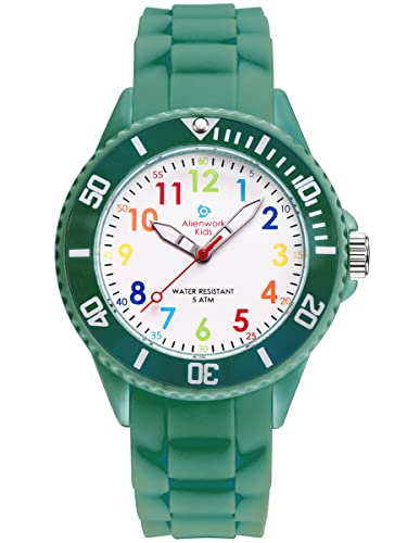 Alienwork Kids Montre Pédagogique Apprendre l'Heure Enfants Garçon Fille Armée Verte Bracelet en Silicone Multicolore Enfants Résistant à l'eau 5 ATM...