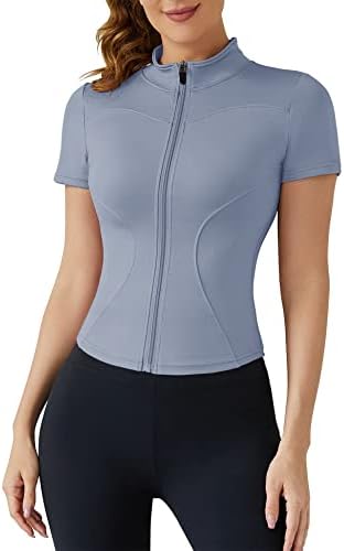 LUYAA Lightweight Full Zip Athletic Yoga Shirts Short Sleeve Compression Workout Running Tops Cropped Blue S